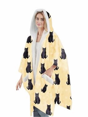 NWOT Snuggswrap Ivory Black Cat Oversized Plush Fleece Blanket Hoodie Robe - OS